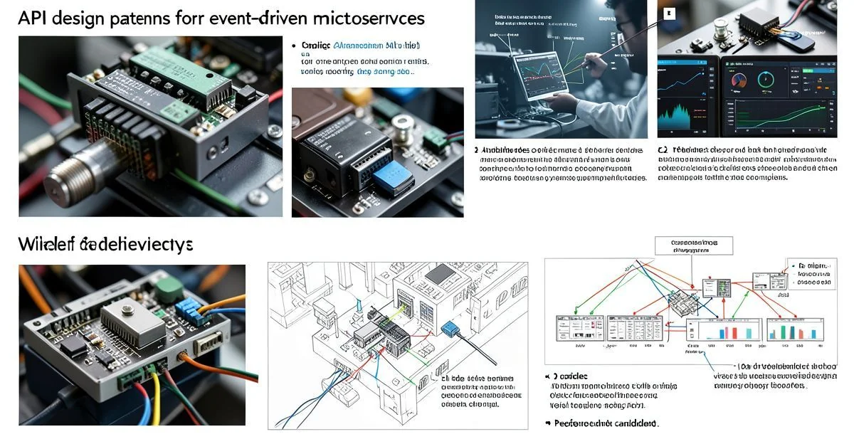 Diagram of event-driven microservices with APIs, message broker, event bus, and service containers.