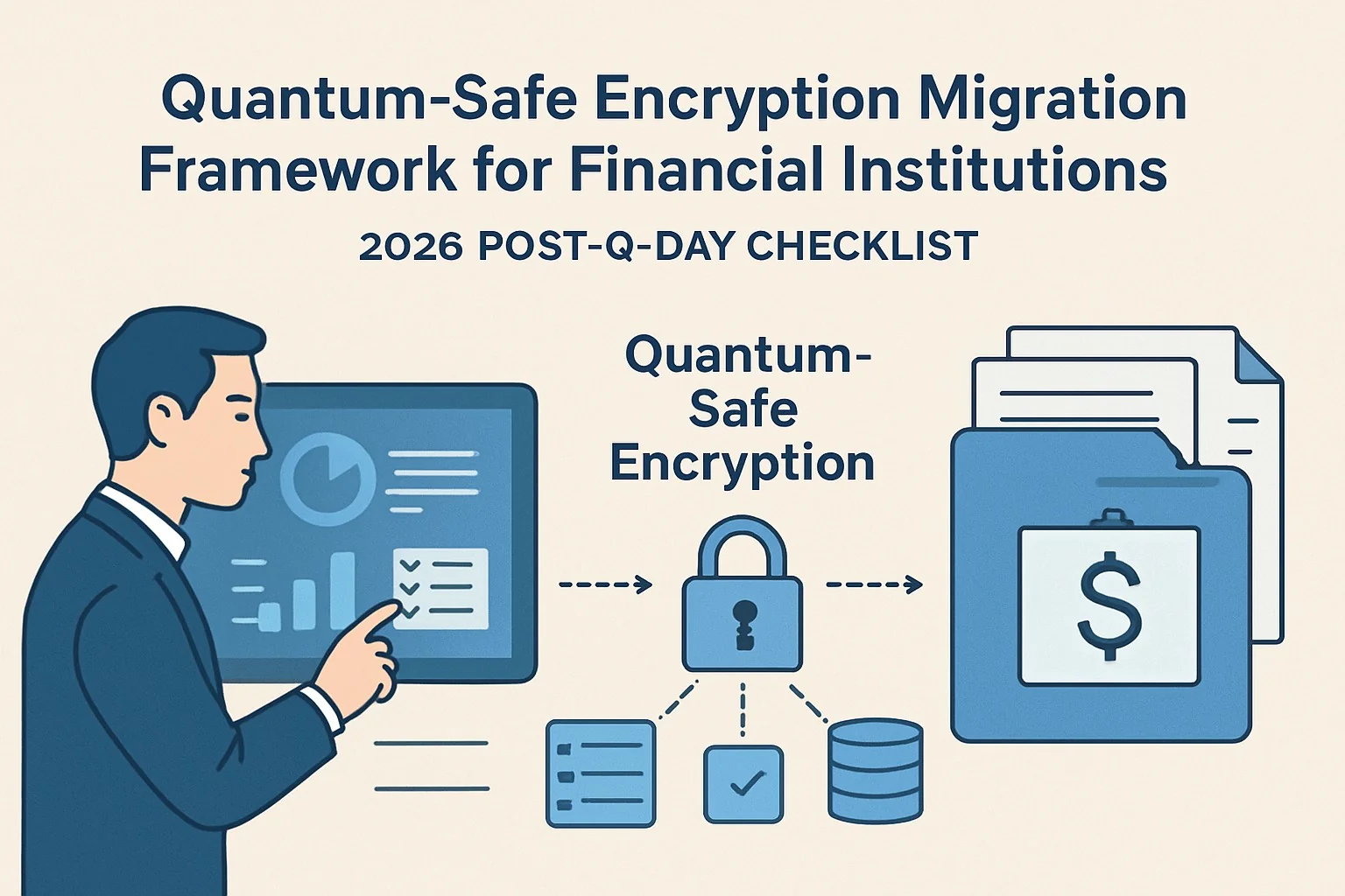 Checklist diagram showing quantum-safe encryption migration steps for financial institutions, including timeline and key milestones.