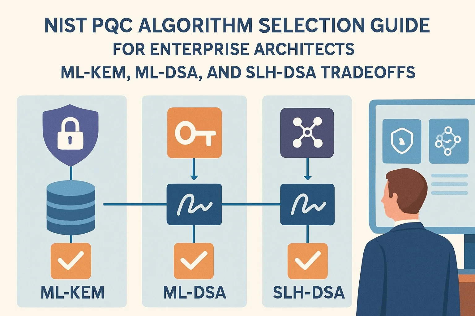 NIST PQC Algorithm Selection Guide chart comparing ML-KEM, ML-DSA, and SLH-DSA tradeoffs