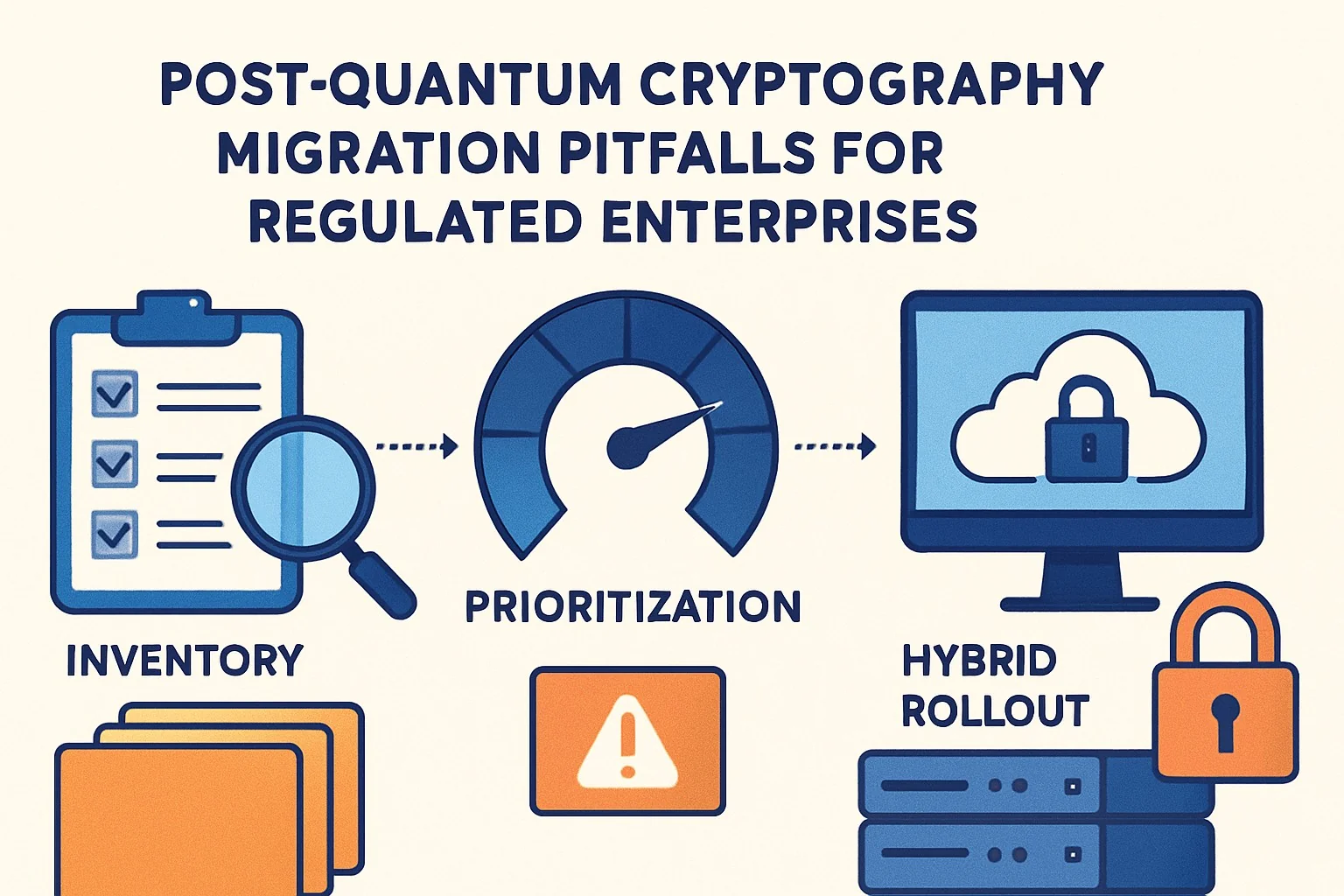 Diagram showing post-quantum cryptography migration pitfalls: inventory assessment, prioritization matrix, and hybrid rollout timeline for regulated enterprises