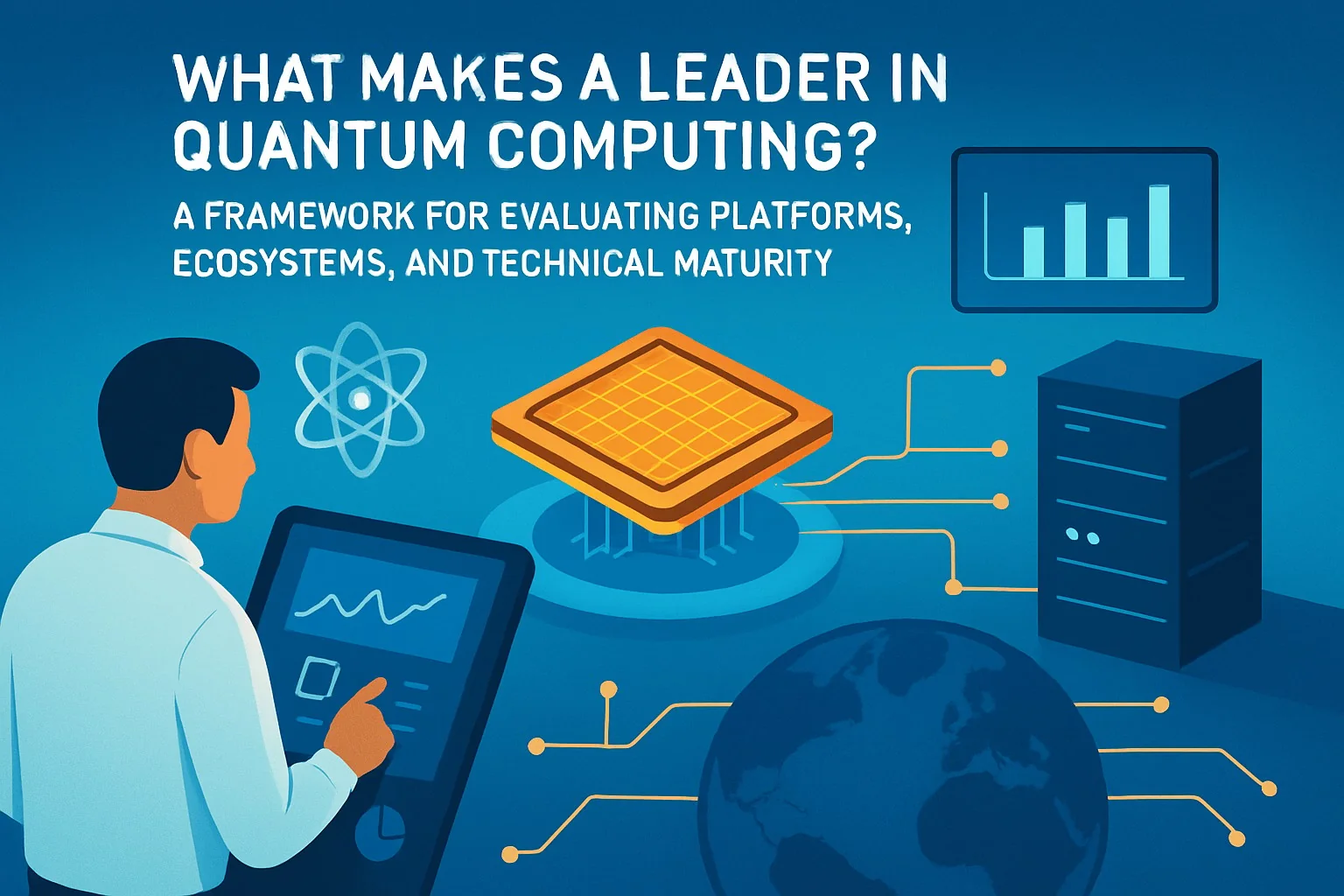 Infographic titled What makes a leader in quantum computing? with framework evaluating platforms, ecosystems, technical maturity