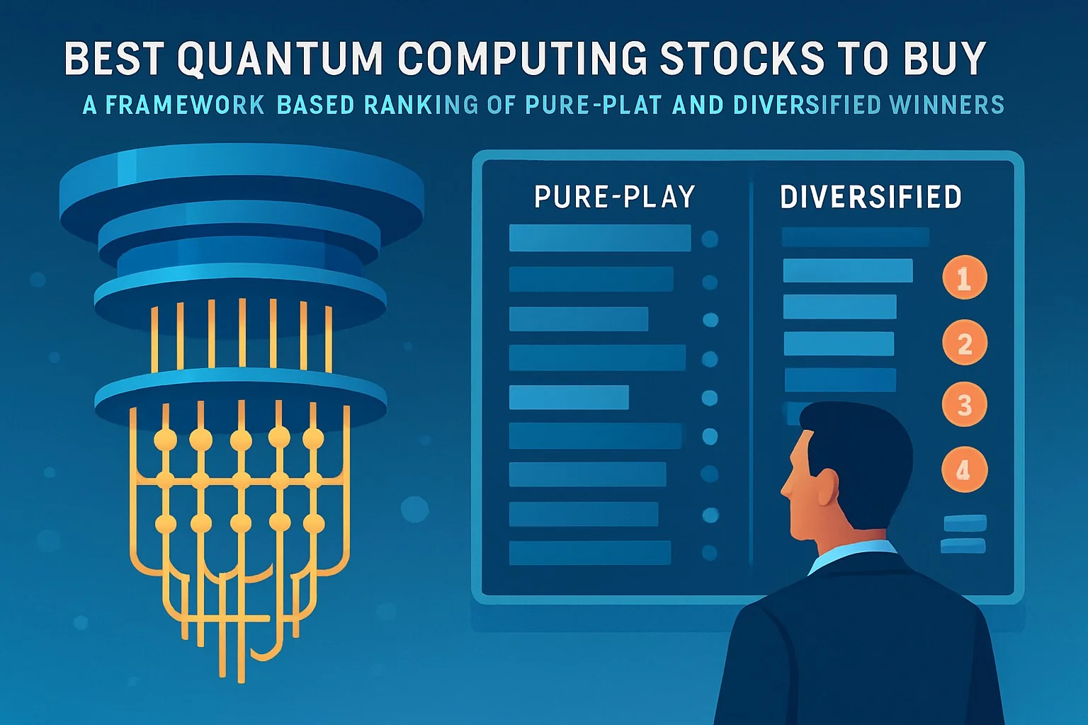 Stock chart showing quantum computing companies with upward trending line and ranking list.