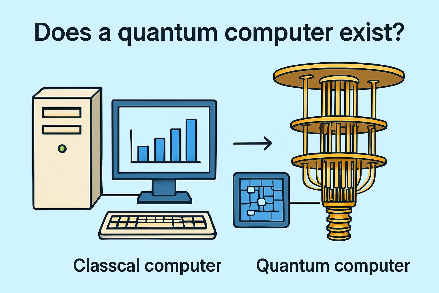 Infographic titled Does a Quantum Computer Exist? with evidence-based explanation and diagrams of IBM and Google quantum processors