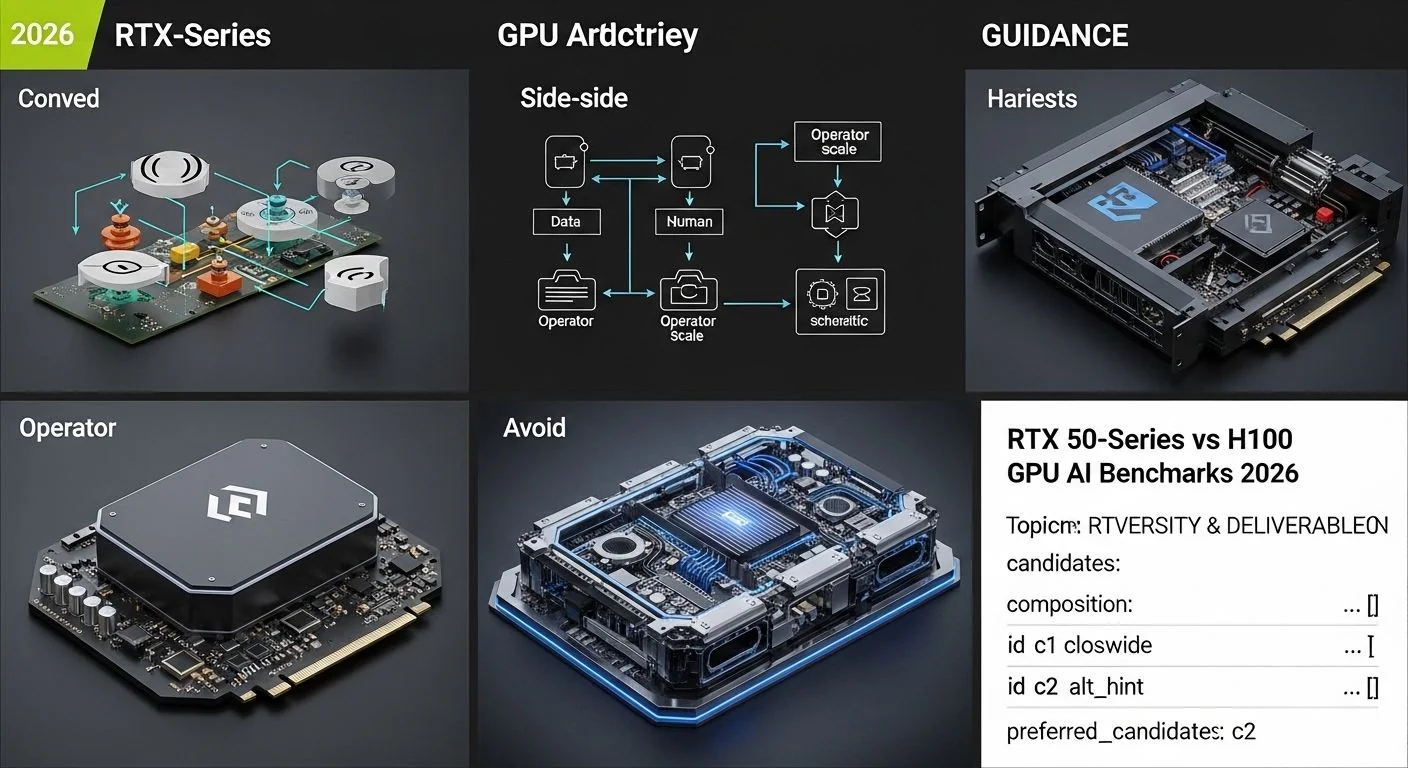 Bar chart comparing RTX 50-Series and H100 GPU AI performance benchmarks for 2026.