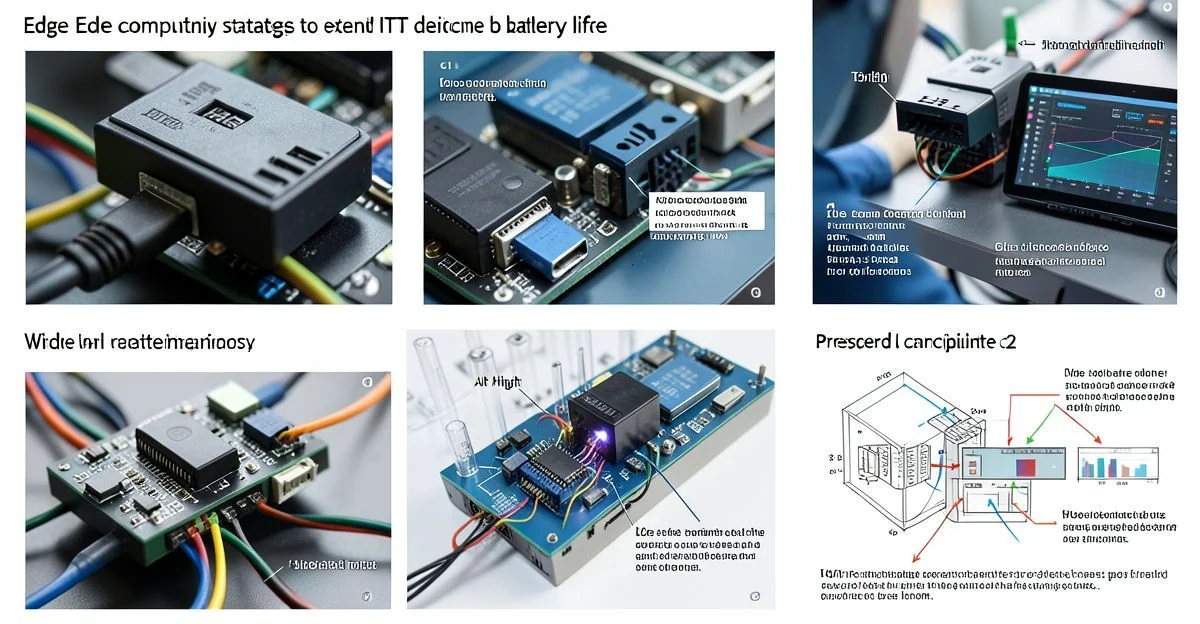 IoT sensors connected to edge gateway, battery icon, cloud link diagram on screen.