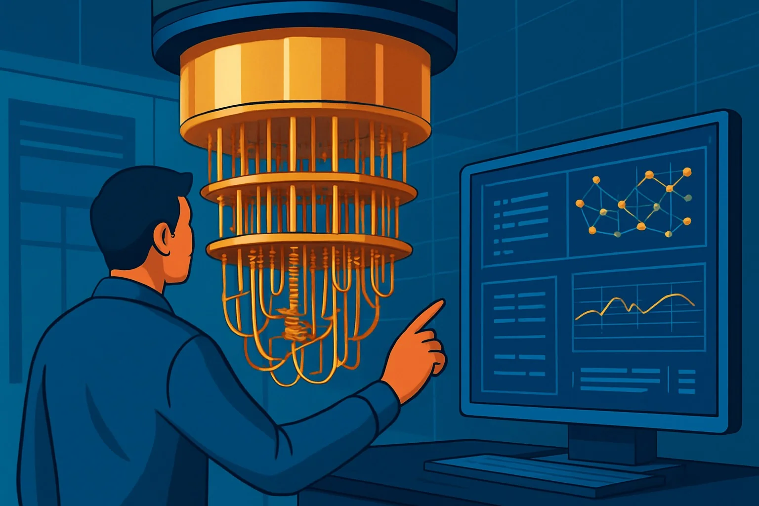 Infographic titled Do We Have Quantum Computers? with timeline, qubit icons, and performance charts