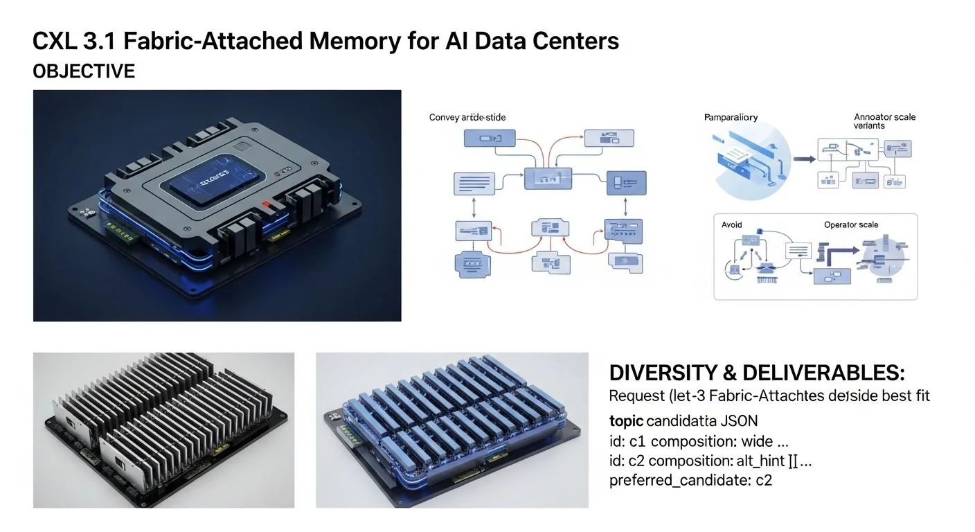 Server racks with interconnected memory modules and CXL fabric links in a data center diagram.