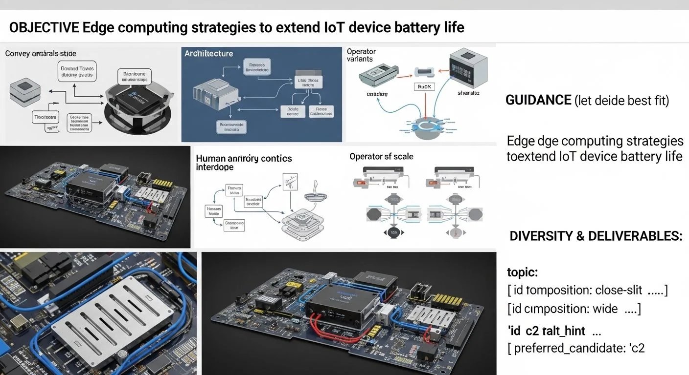 IoT sensors connected to edge gateway, battery icon, cloud link diagram on screen.