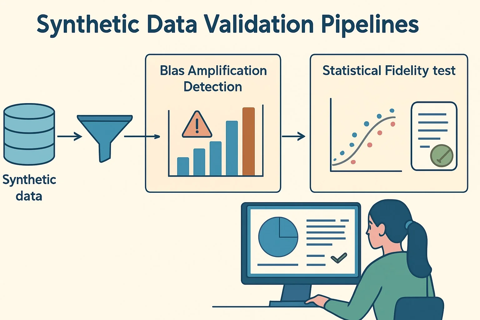 Diagram of synthetic data validation pipelines showing bias detection, statistical tests, and regulatory traceability.