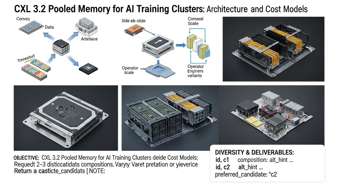 Diagram showing CXL 3.2 pooled memory architecture linking AI training servers, switches, cost chart.
