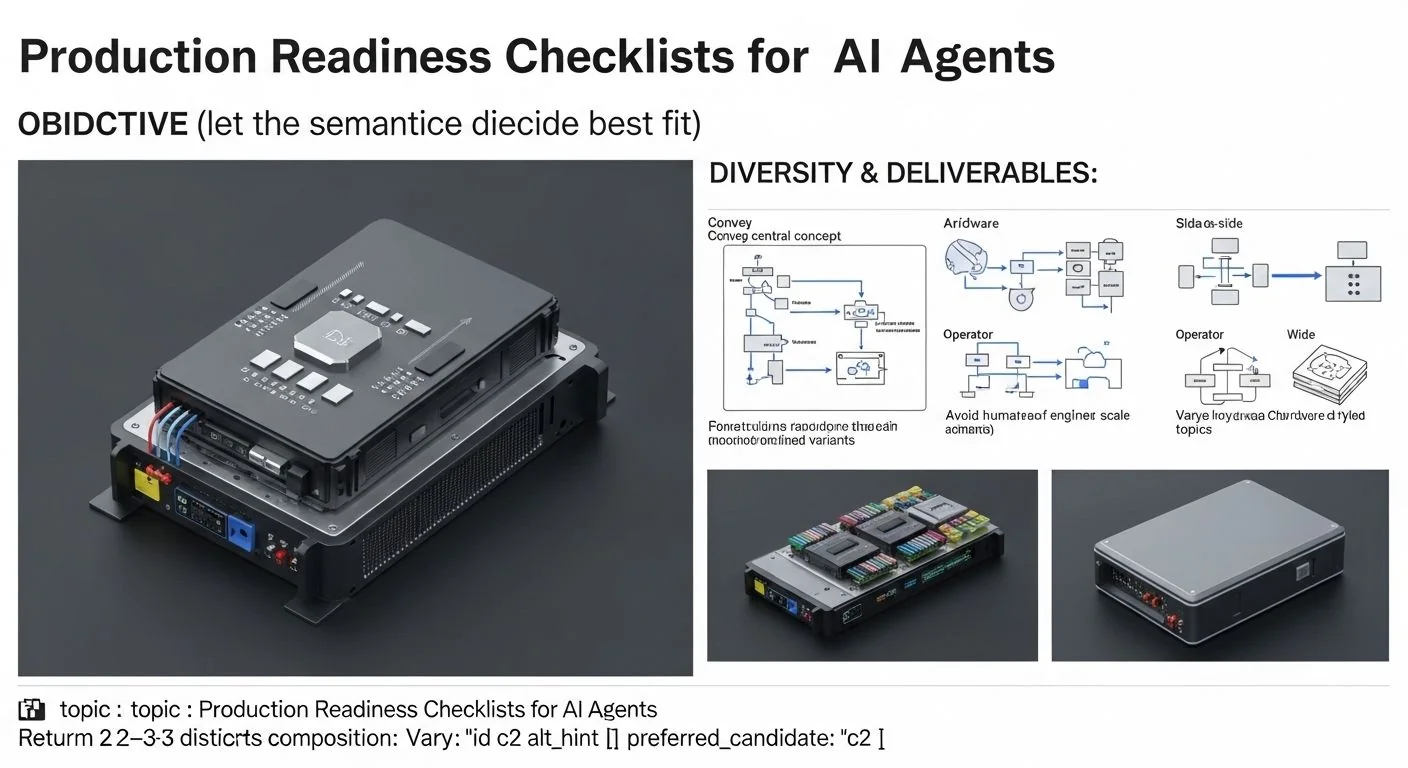 Checklist document with checkmarks beside AI agent icons, gears, server rack, and warning symbols.