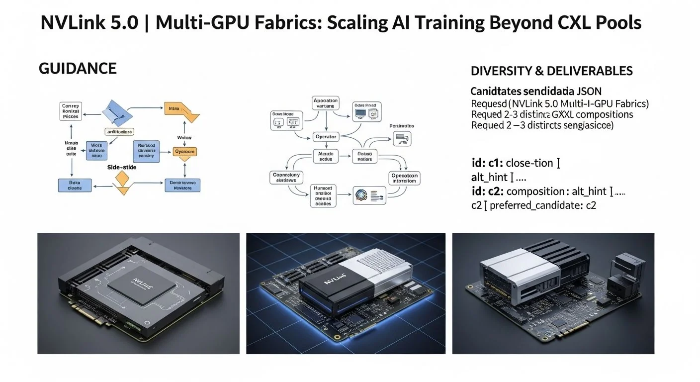 Block diagram of multiple GPUs interconnected via NVLink 5.0 fabric, labeled CXL pools.