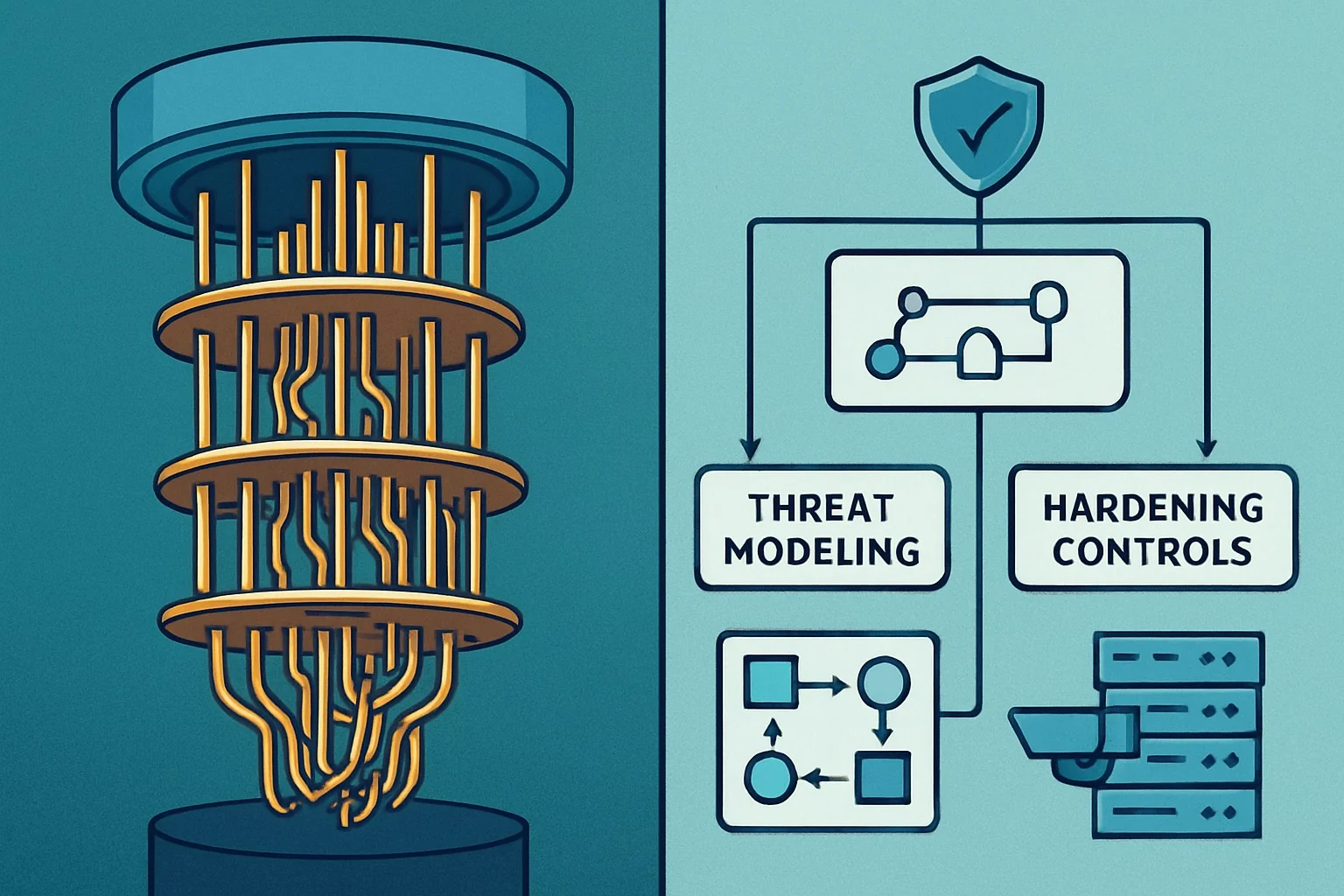 Quantum computer hardware with security locks, biometric scanner, and tamper-evident seals.