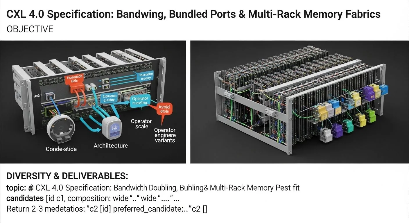 CXL 4.0 specification page showing bandwidth doubling, bundled ports, and multi-rack memory fabric diagram.