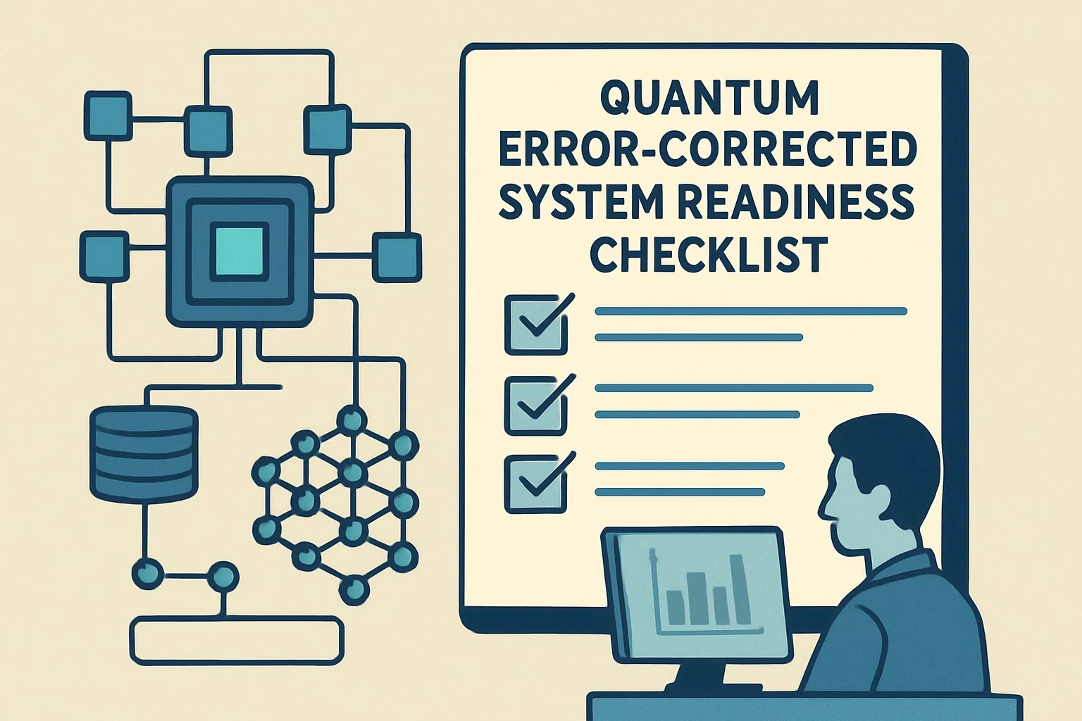 Checklist graphic with metrics: logical error rate, gate fidelity, coherence time, and qubit connectivity.