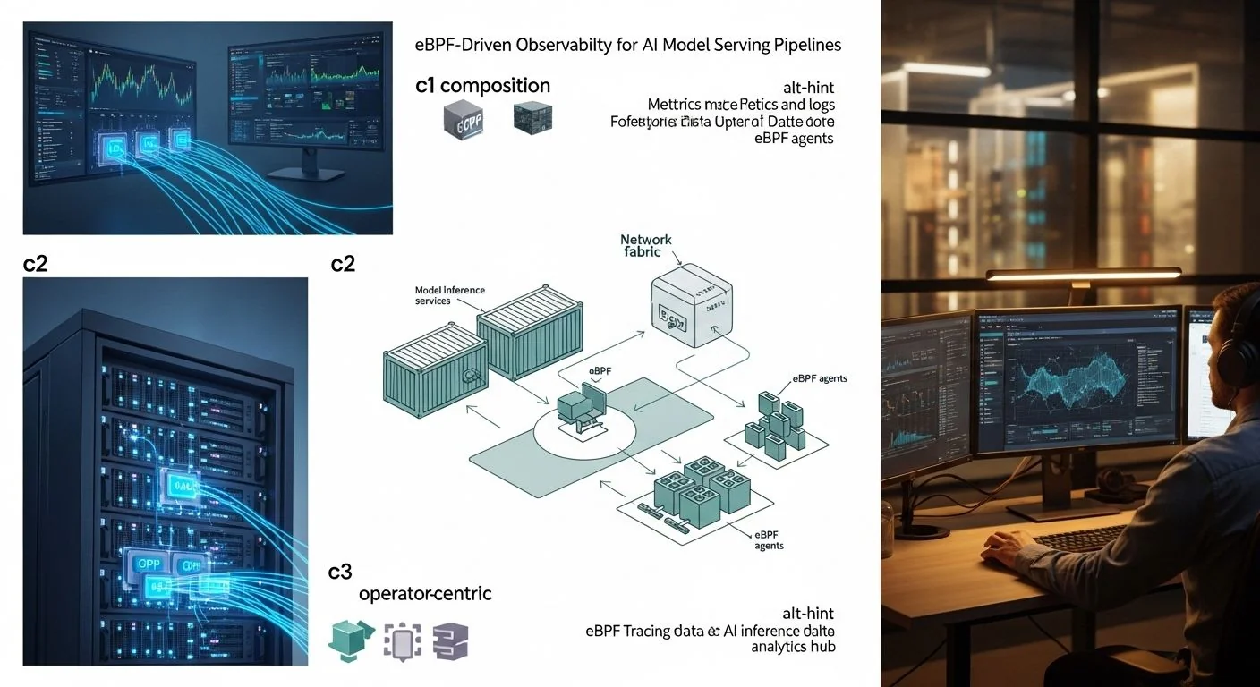 Diagram showing eBPF observability collecting metrics across AI model serving pipeline components.
