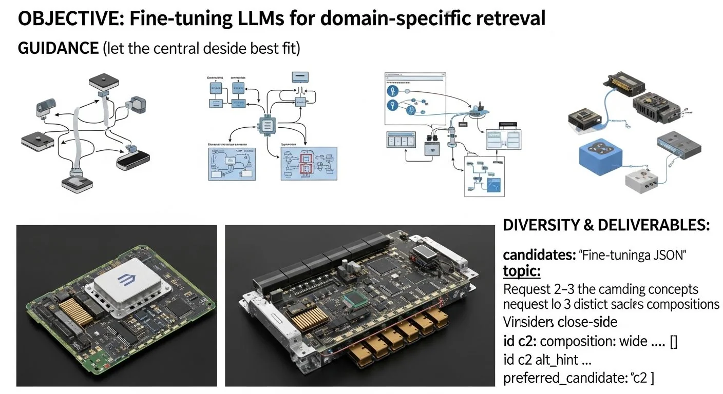Diagram showing LLM fine-tuning pipeline with domain documents feeding retrieval and model training.