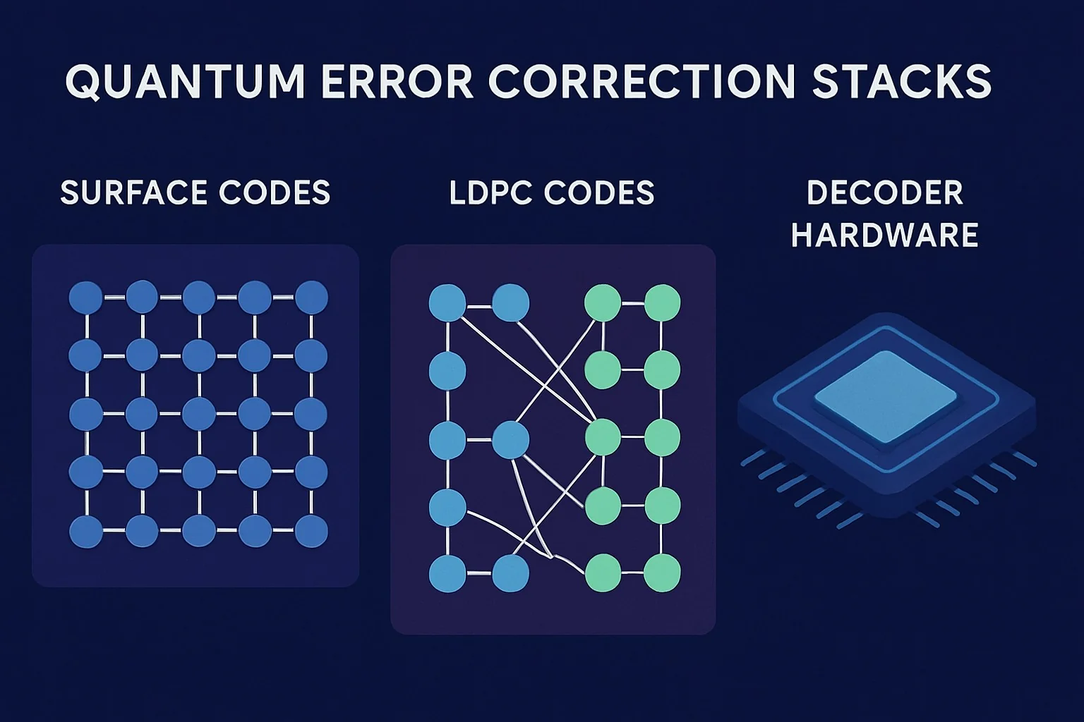 Diagram of quantum error correction stacks showing surface codes, LDPC codes, and decoder hardware