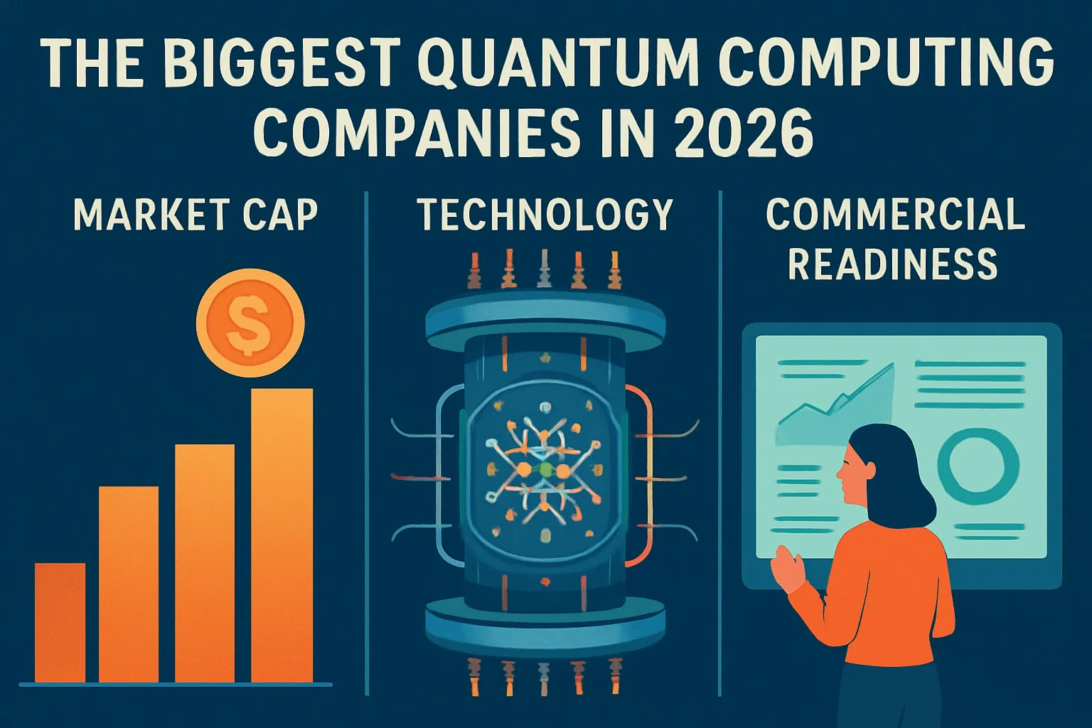 Bar chart comparing quantum computing companies by market cap, technology, and commercial readiness in 2026.