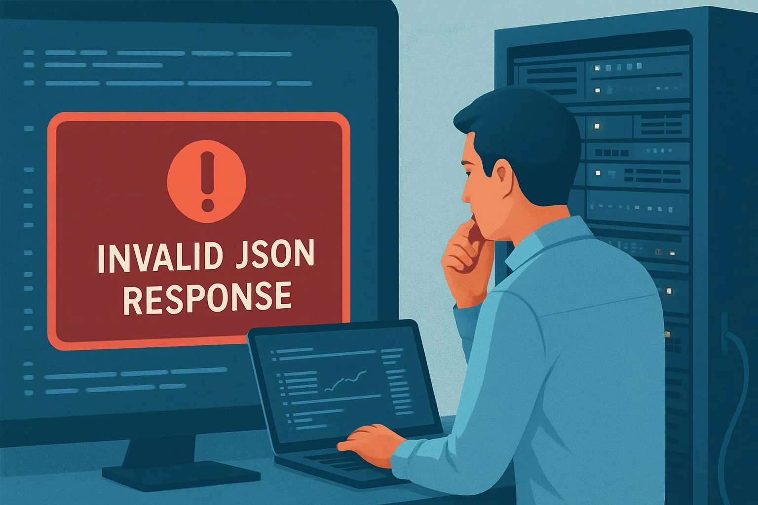 Engineer debugging code on multiple computer monitors in server room