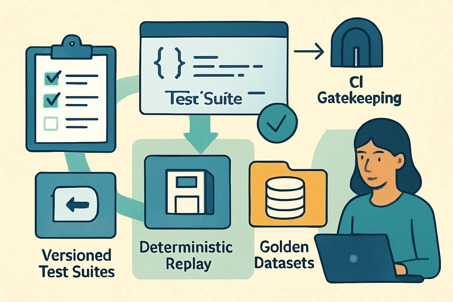 Diagram of CI pipeline with versioned test suites, golden dataset, and replay arrows for LLM evaluation