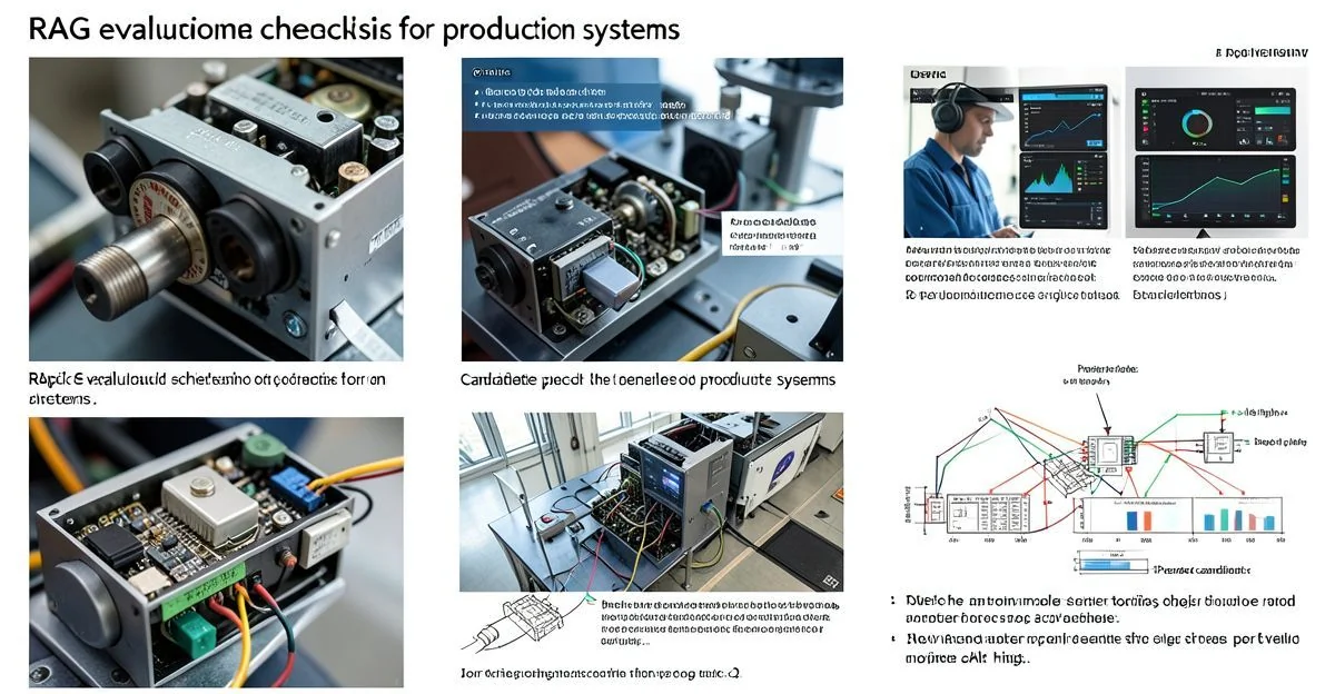 Checklist infographic showing RAG evaluation criteria for production systems, with metrics, tests, and review items.