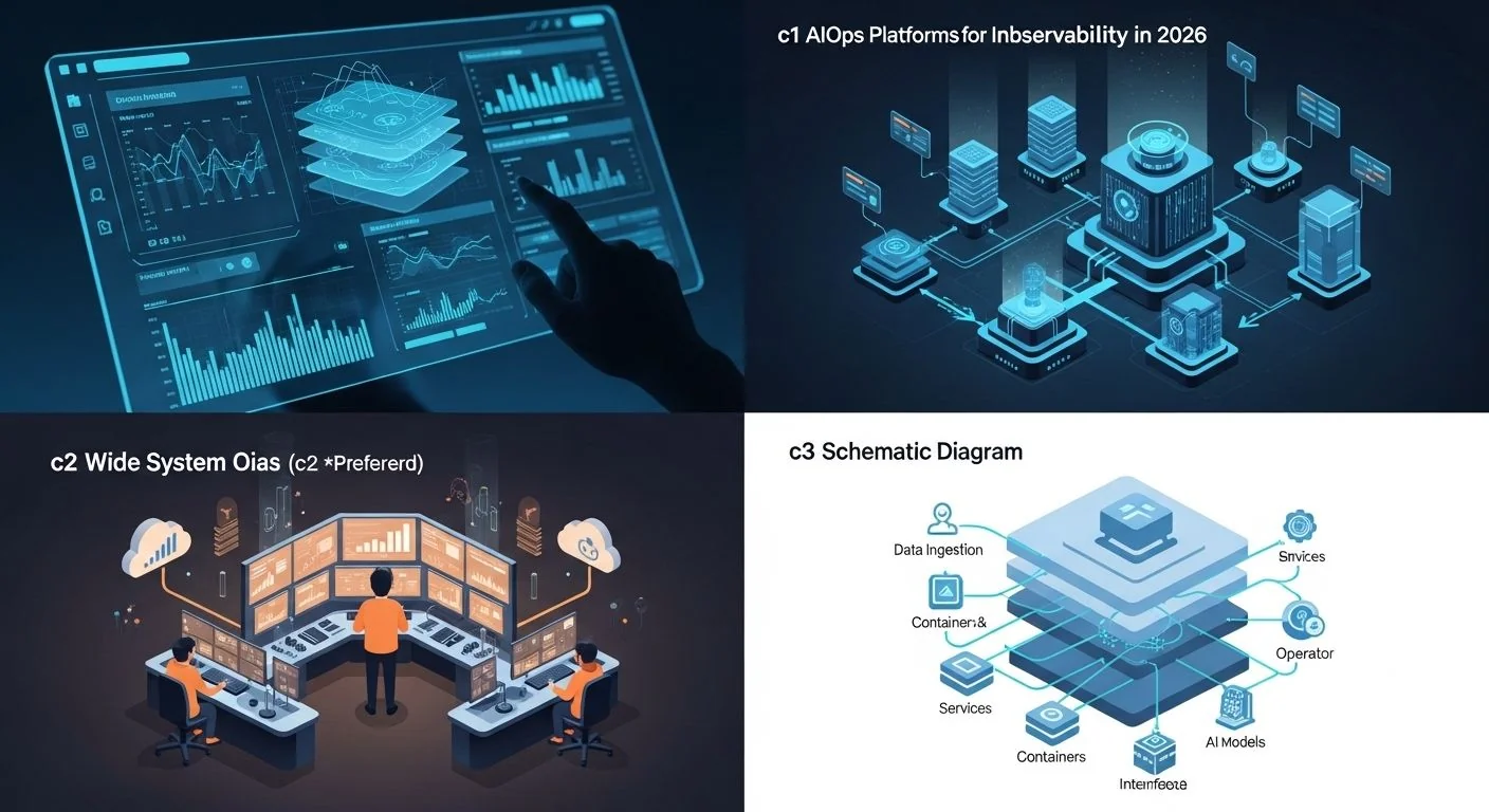 Dashboard showing AIOps platform interface with monitoring charts, alerts, and observability metrics, 2026.