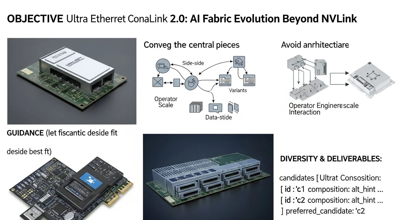 Logos for Ultra Ethernet Consortium and UALink 2.0 with NVLink mention and network diagram.