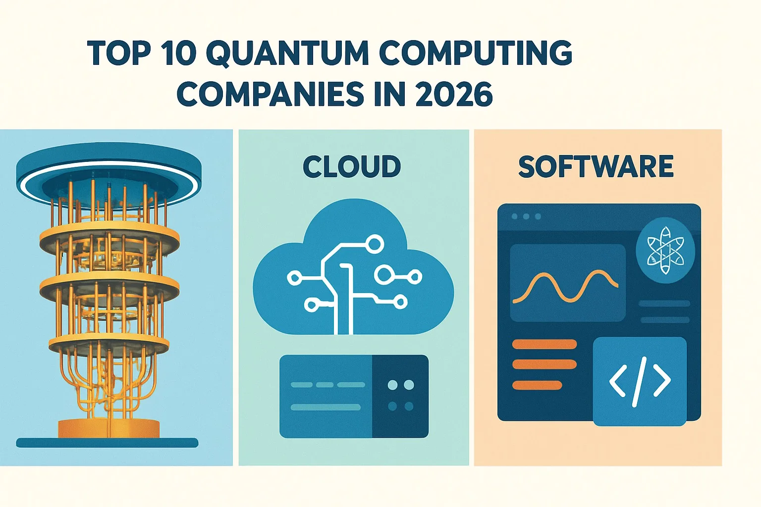 Comparison chart ranking top quantum computing companies by hardware, cloud, and software categories.