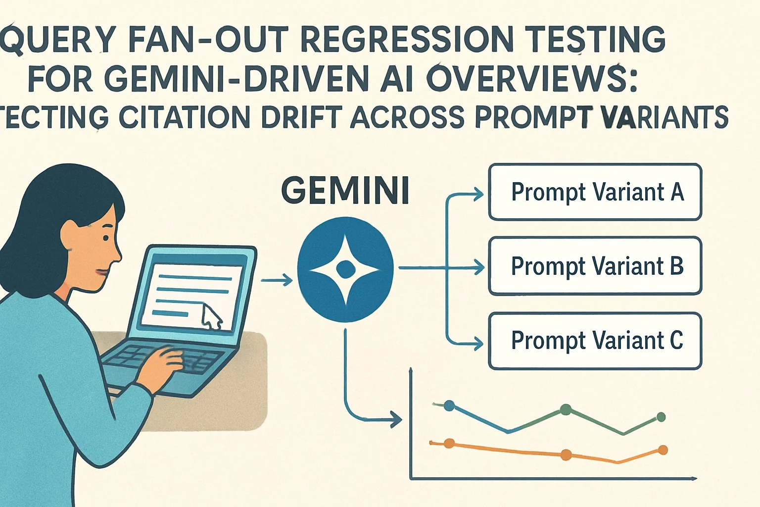 Diagram showing regression testing fan-out for Gemini AI prompts and citation drift detection