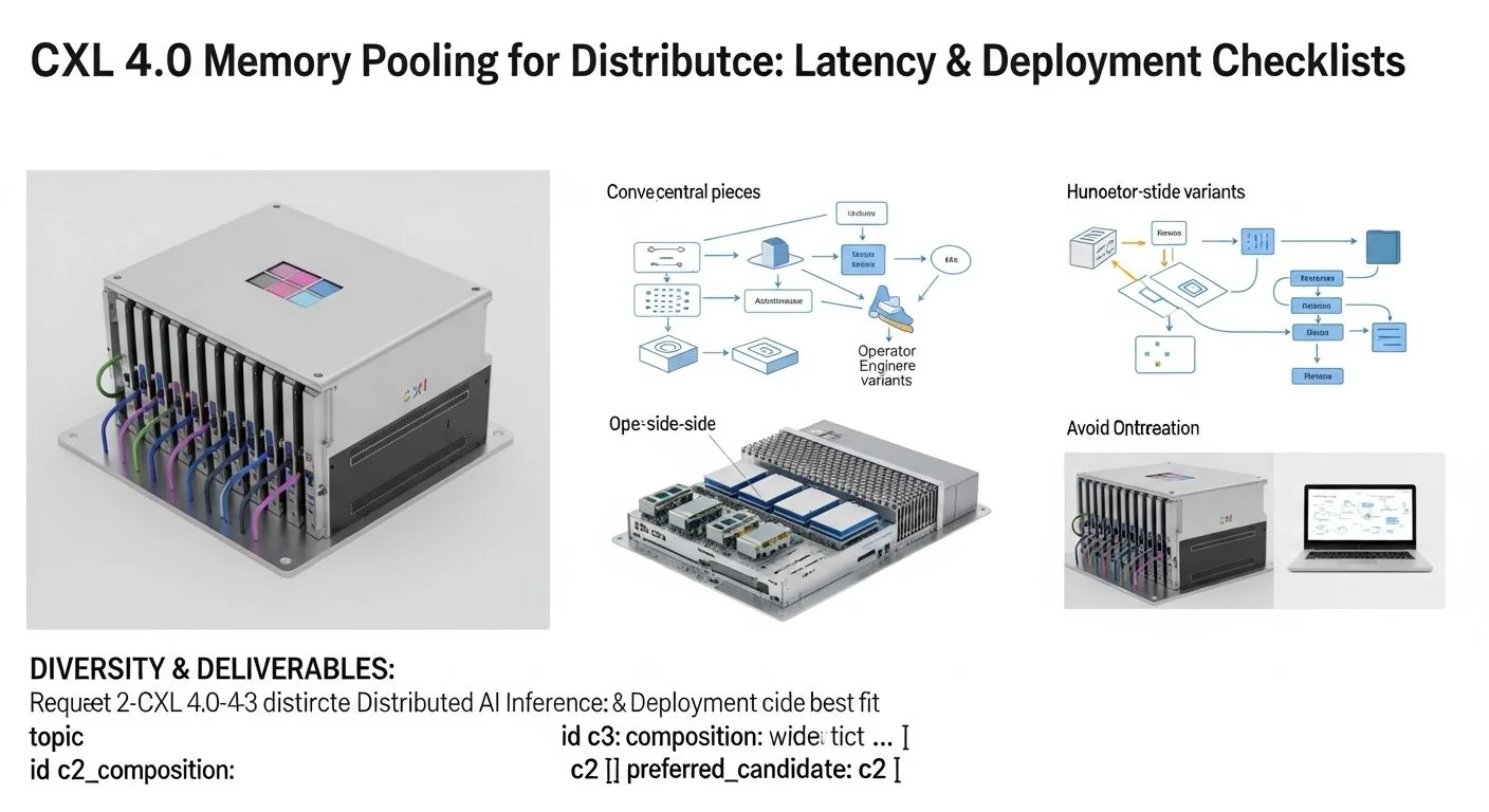 Diagram showing CXL 4.0 memory pooling, latency benchmark chart, and deployment checklist icons.