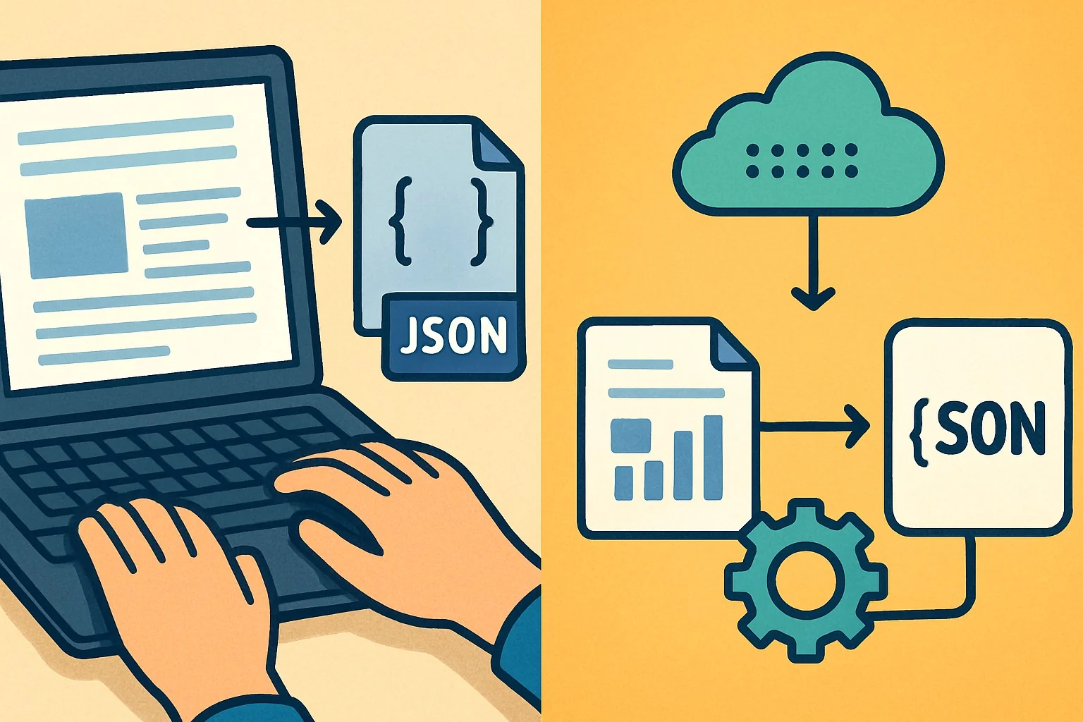 Hands typing on laptop extracting research data into JSON schema diagram