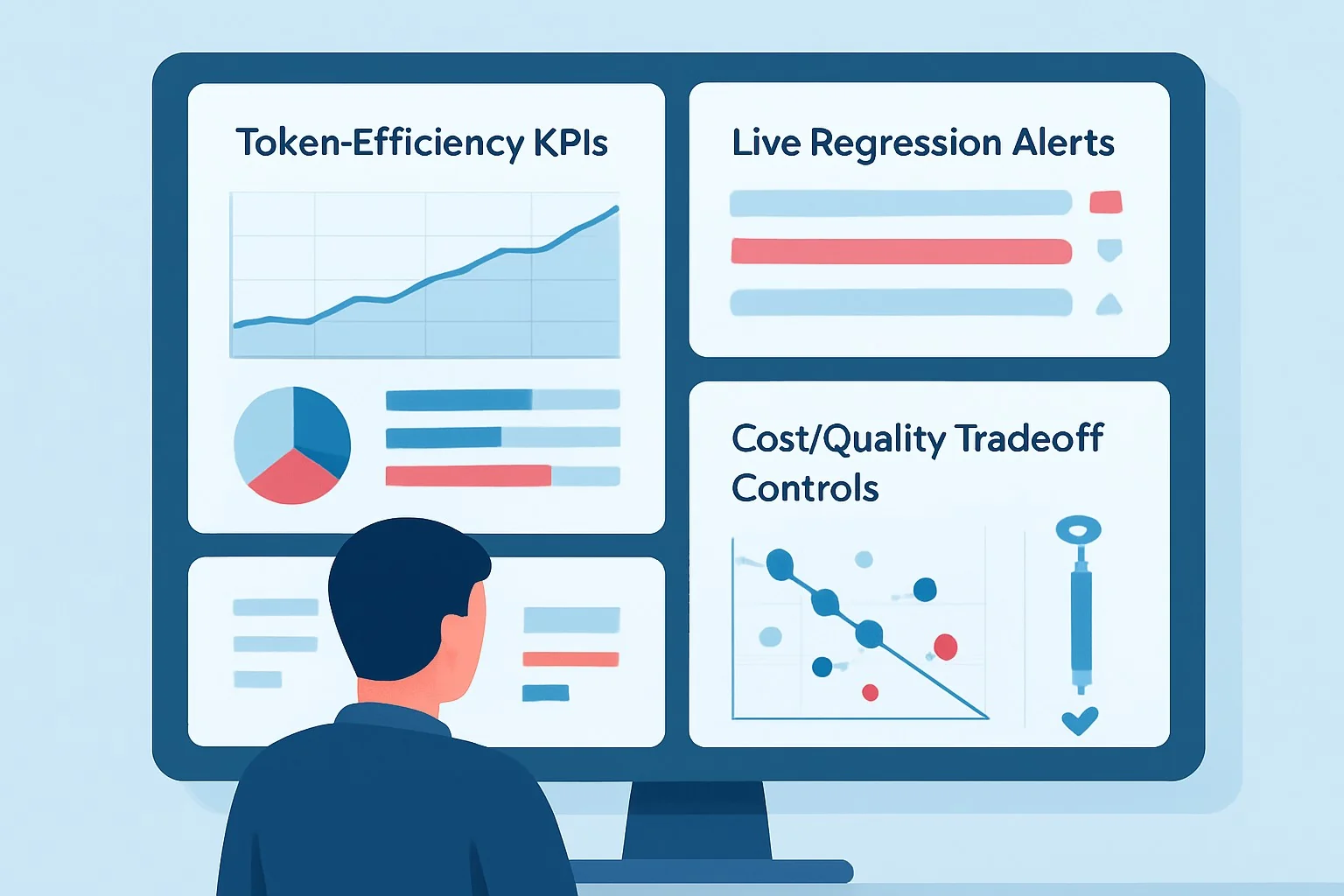Dashboard screenshots showing token-efficiency KPIs, live regression alerts, and cost-quality tradeoff controls