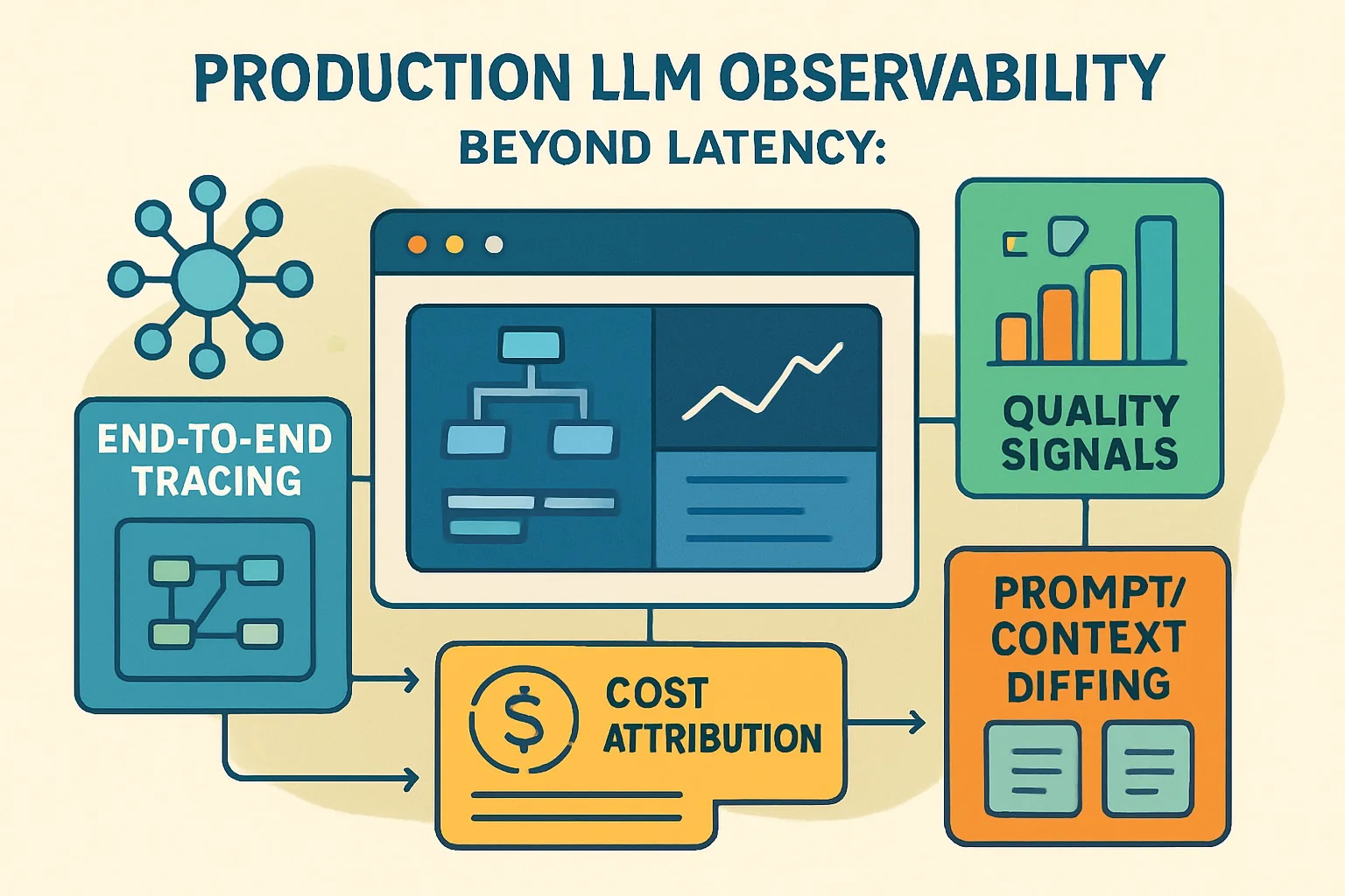 Diagram of end-to-end LLM observability with tracing, quality metrics, diffing, and cost attribution.