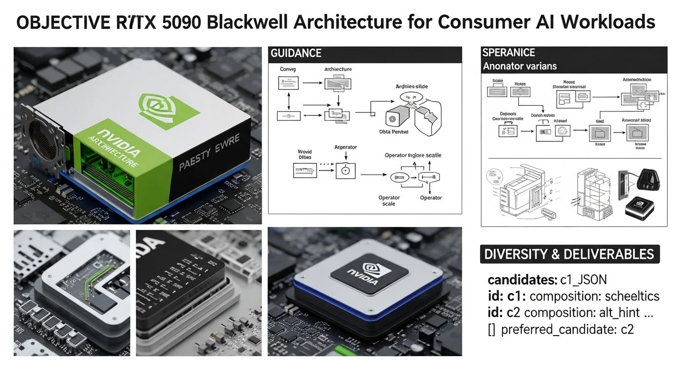 NVIDIA RTX 5090 graphics card with Blackwell architecture branding and AI workload visualization.