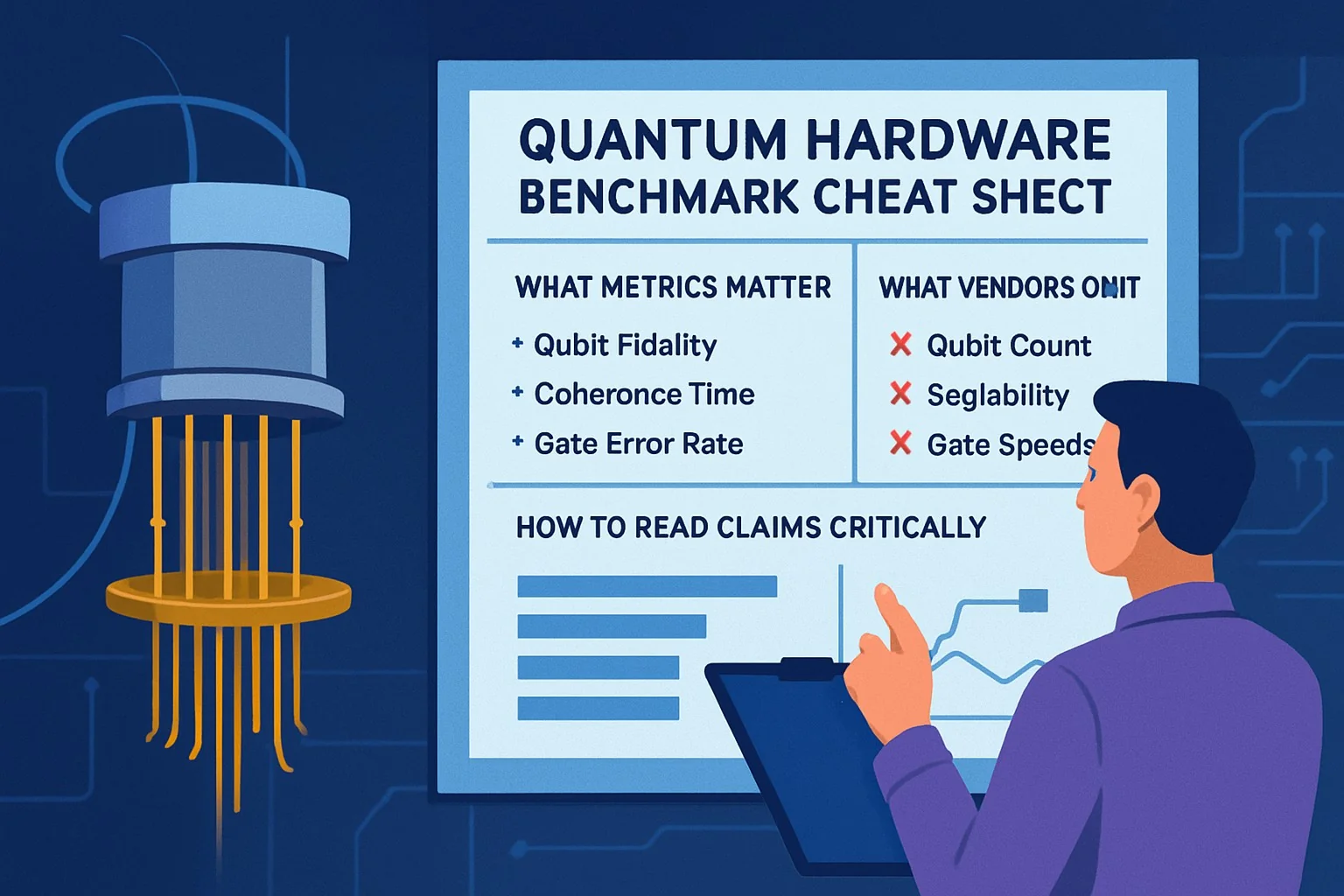 Infographic titled Quantum Hardware Benchmark Cheat Sheet listing key metrics, vendor omissions, and critical reading tips