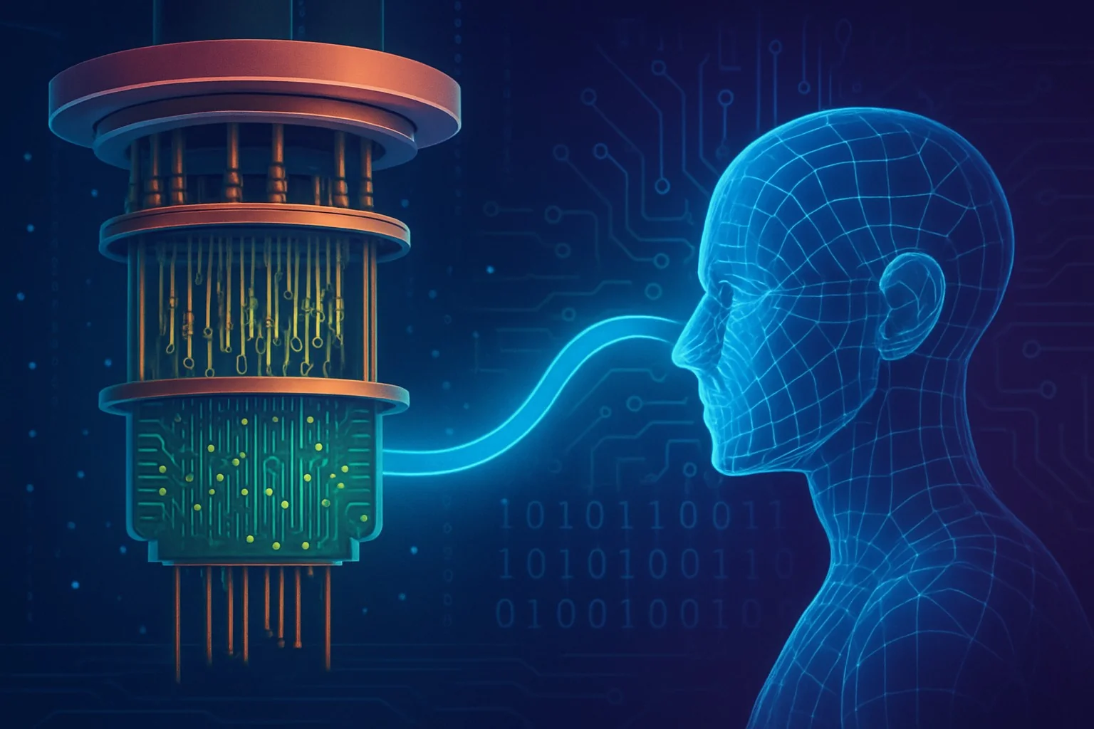 Quantum computer chip with glowing circuits overlaid on AI neural network diagram.