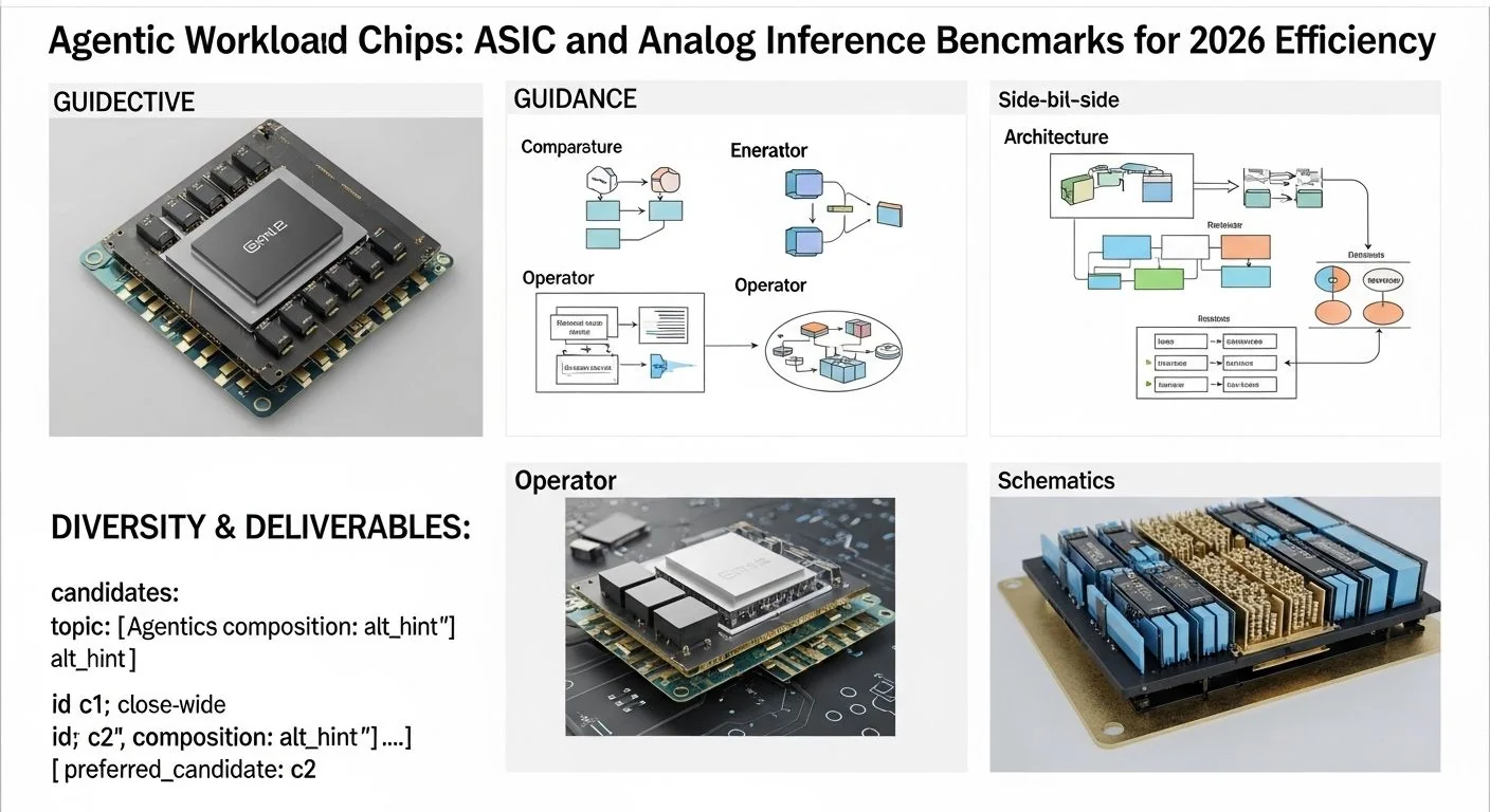 Microchip with circuit patterns and efficiency benchmark graphs for 2026 AI hardware comparison
