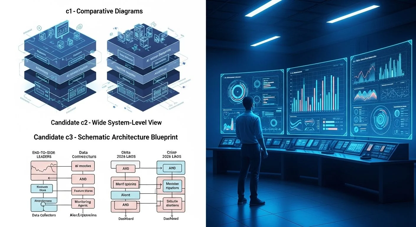 Dashboard charts compare AI observability platforms; bar graphs, leader table, 2026 heading.