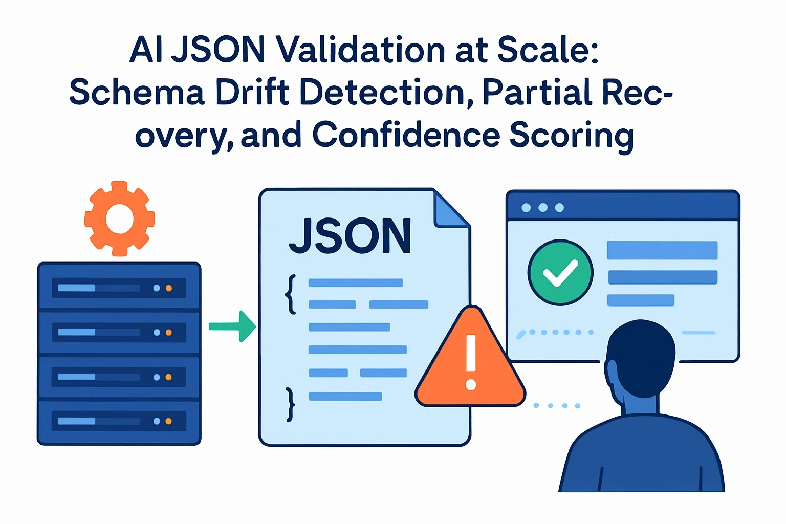 Diagram showing AI JSON validation at scale with schema drift detection, partial recovery, and confidence scoring