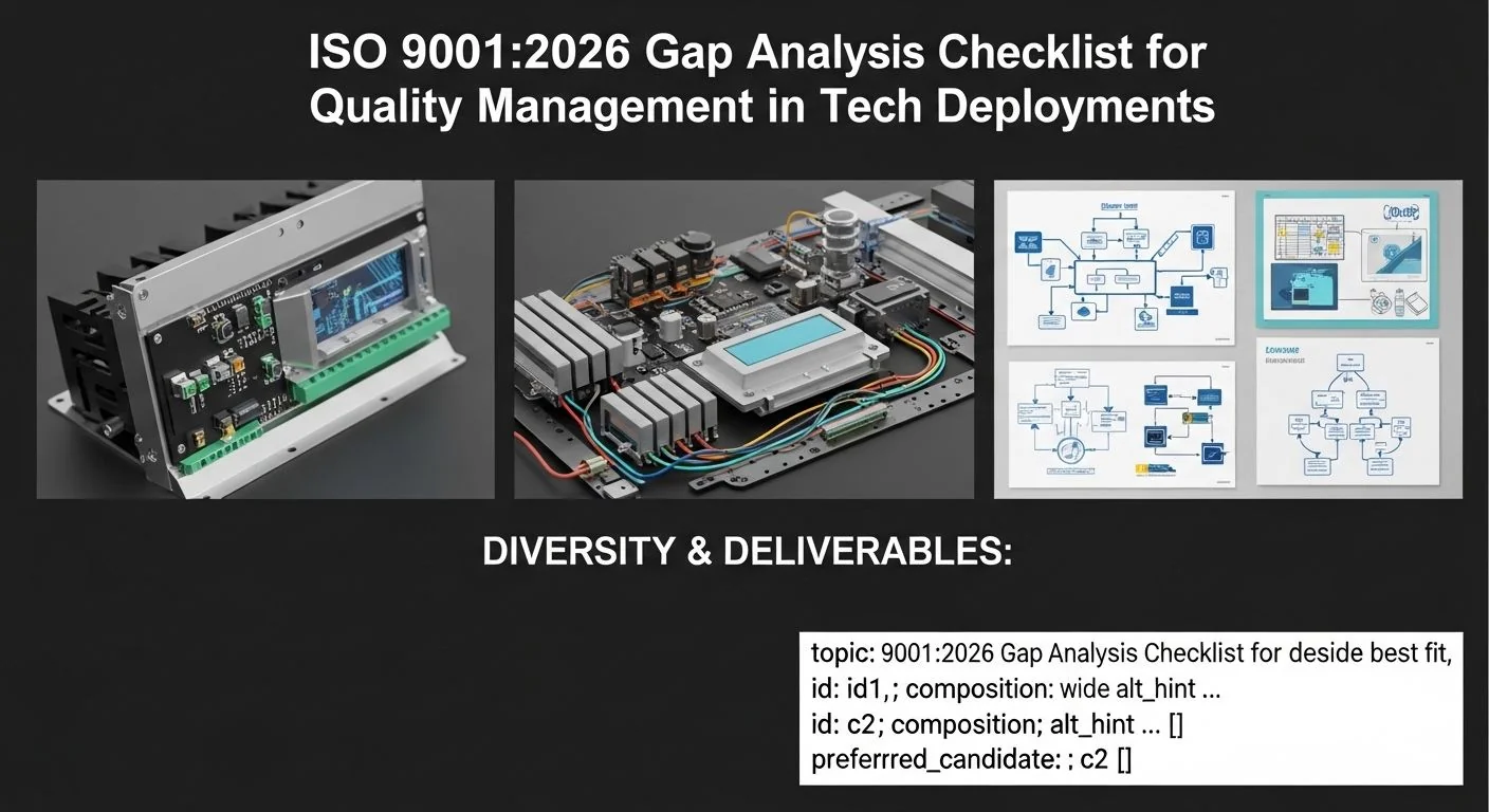 ISO 9001:2026 gap analysis checklist table with checkboxes, clipboard icon, and tech network diagram