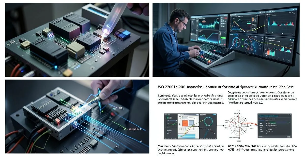 ISO 27001:2026 title above AI pipeline diagram, checklist icons, and compliance automation controls table.