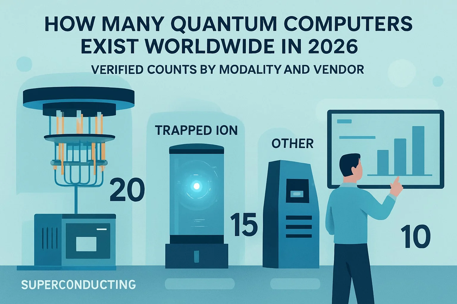 Bar chart showing 2026 worldwide quantum computer counts by modality and vendor