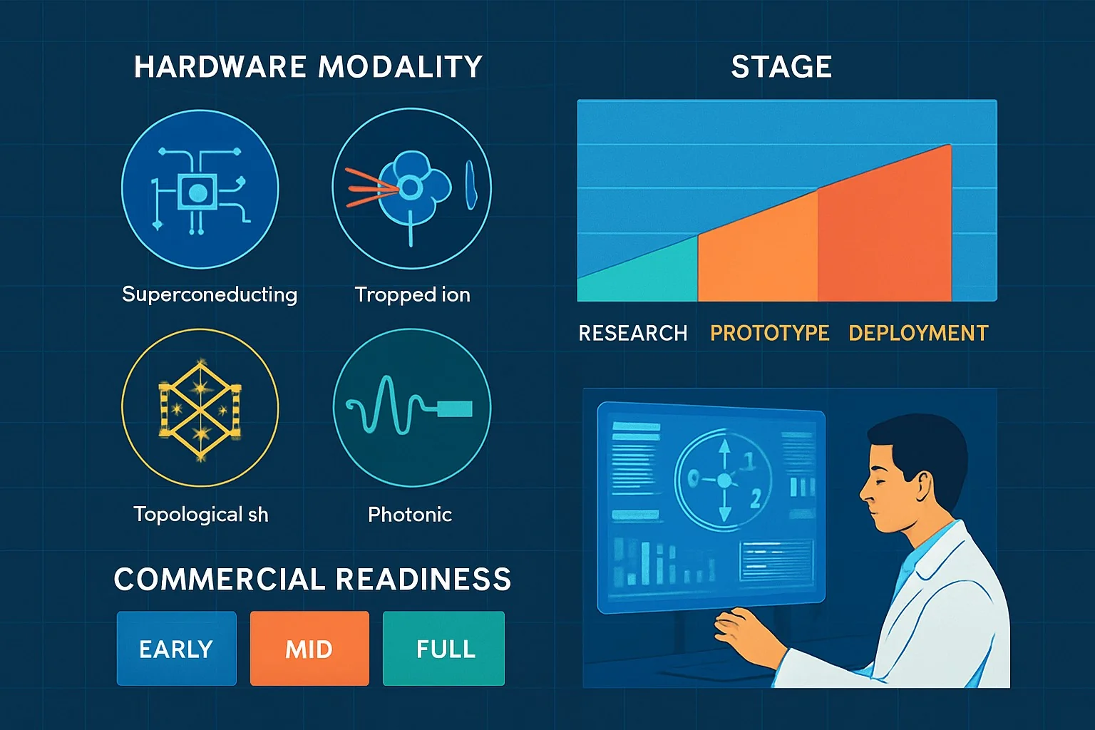 Infographic map of quantum computing companies in 2026 by hardware modality, stage, and commercial readiness