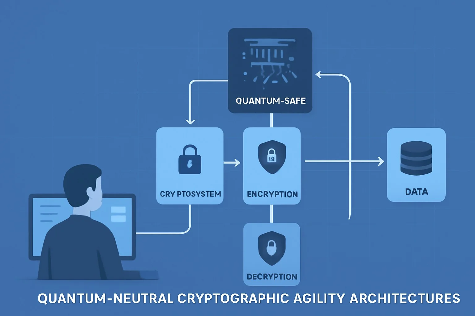 Abstract diagram showing interconnected quantum-resistant cryptographic modules and adaptive security layers.