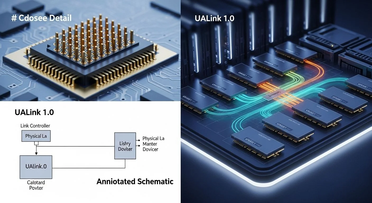 UALink 1.0 title above chip-to-chip interconnect diagram linking AI accelerator modules with arrows.