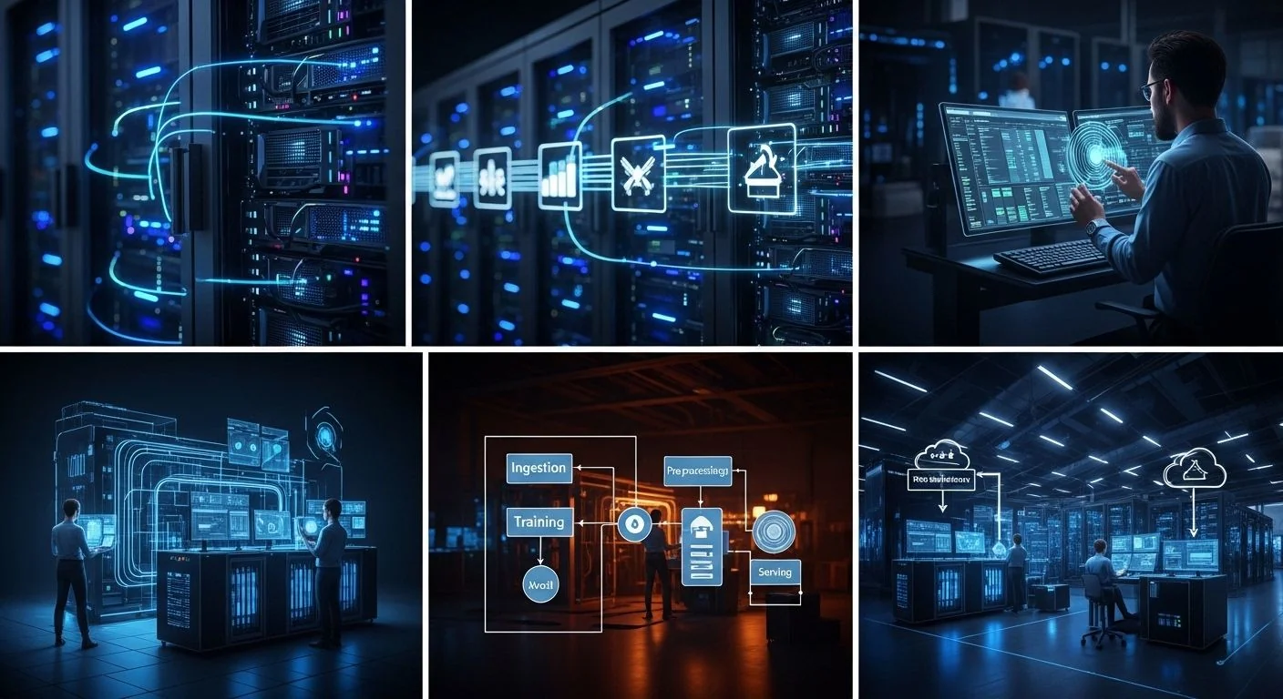 Industrial server racks and robotic arms with AI circuit icons and assembly line diagram.