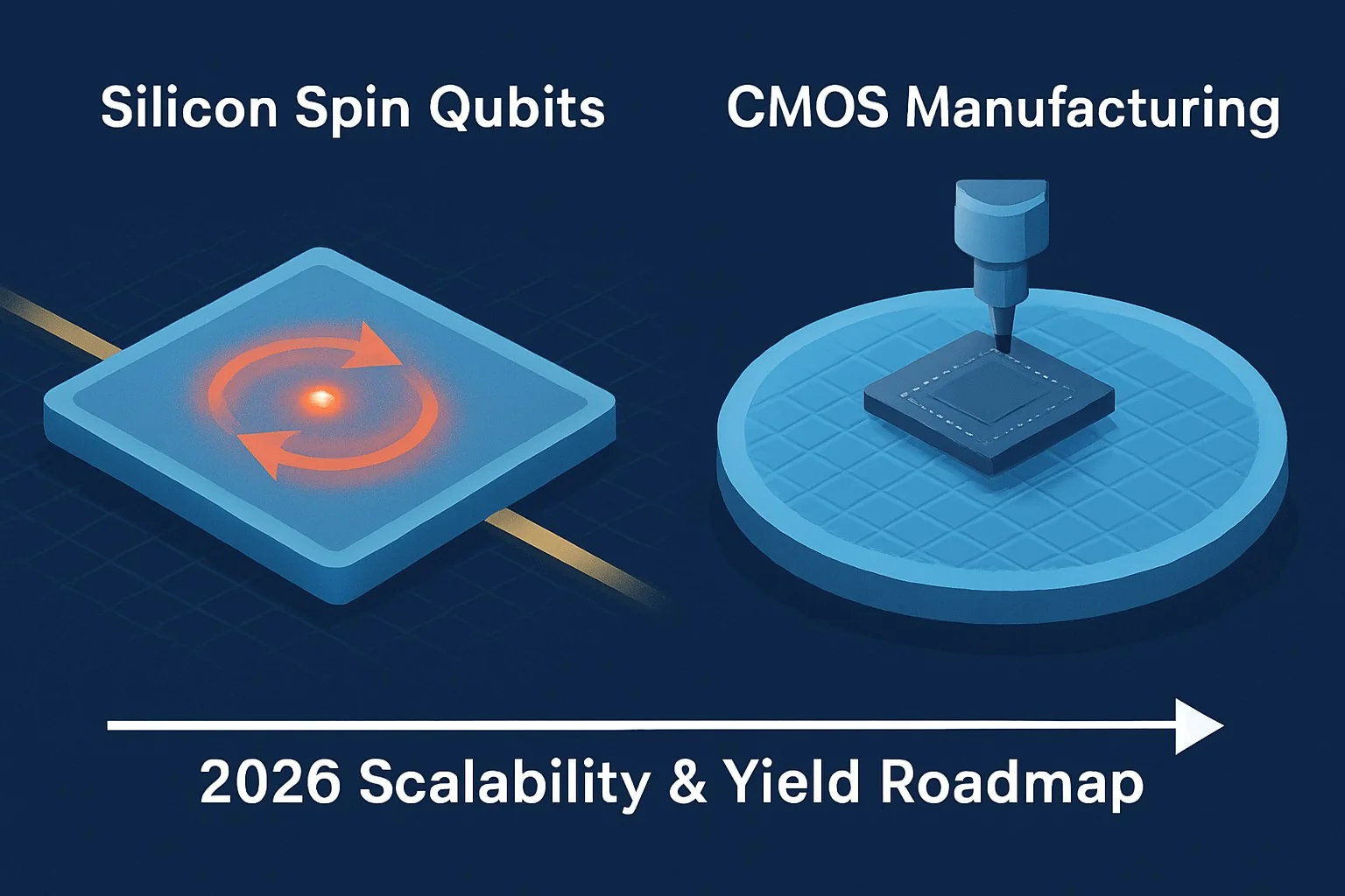 Chart comparing silicon spin qubits and CMOS manufacturing scalability and yield projections for 2026