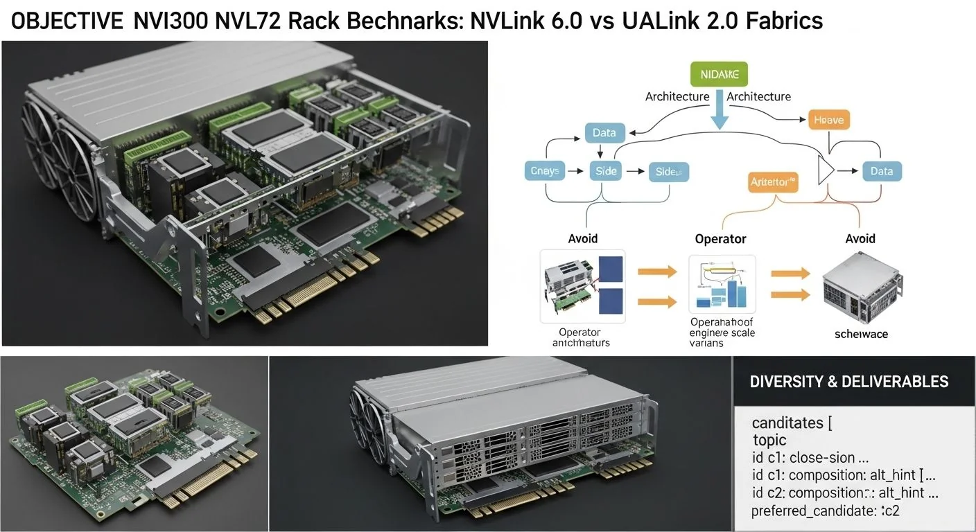 NVIDIA GB300 NVL72 rack diagram showing NVLink 6.0 and UALink 2.0 interconnect fabric comparison.