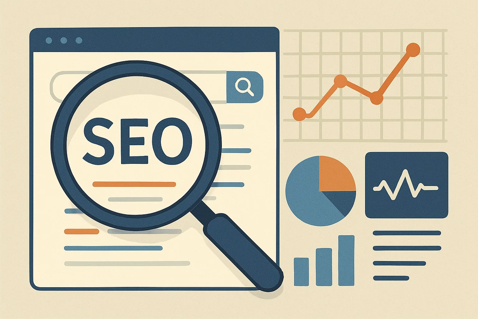 Computer screen showing SEO analysis dashboard with charts, keywords, and ranking metrics